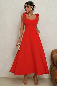 VESTIDO KÁTIA LONGUETE COM ALÇA E LAÇOS  - VERMELHO