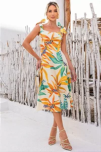 VESTIDO JOYCE MIDI ESTAMPADO COM ALÇA - AMARELO