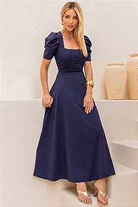 VESTIDO MIDI BRUNA MANGA BUFANTE C/ BARBATANA - AZUL MARINHO