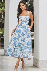 VESTIDO MIDI LUCIA ESTAMPADO DETALHE CIANINHA - BEGE