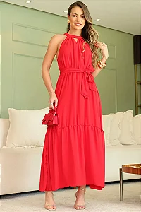 VESTIDO GOLA ALTA CHIFFON - VERMELHO