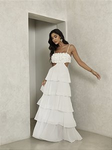 VESTIDO LONGO CAMADAS FLOWER ÉDEN - OFF WHITE