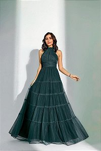 VESTIDO TULUM GOLA ALTA TULE - VERDE PETRÓLEO