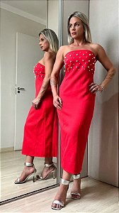 VESTIDO MIDI ALFAIATARIA PÉROLAS - VERMELHO