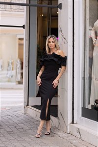 VESTIDO OMBRO A OMBRO MIDI BABADOS PATY - PRETO