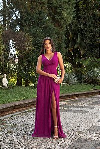 VESTIDO FESTA LONGO METALIZADO BOÊMIA - FÚCSIA