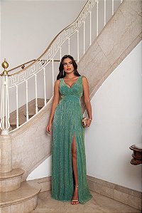 VESTIDO FESTA LONGO METALIZADO BOÊMIA - VERDE OLIVA