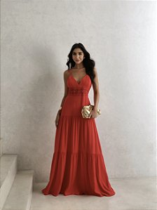 VESTIDO VAL LONGO COM DETALHE GUIPIR - VERMELHO