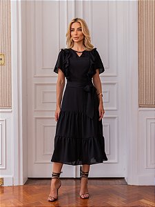 VESTIDO SILVIA COM GUIPIR E COM FAIXA - PRETO