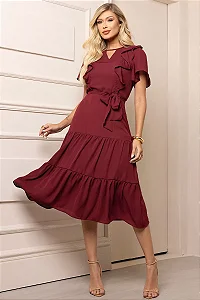 VESTIDO SILVIA COM GUIPIR E COM FAIXA - VINHO