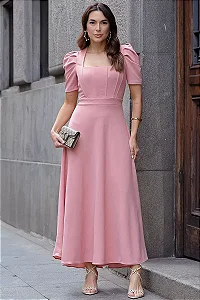 VESTIDO MIDI BRUNA MANGA BUFANTE C/ BARBATANA - ROSÉ
