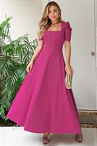 VESTIDO MIDI BRUNA MANGA BUFANTE C/ BARBATANA - FÚCSIA