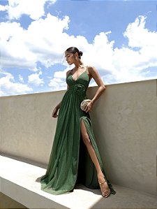 VESTIDO DE FESTA NEW FLOWERS TULE COM BRILHO - VERDE OLIVA