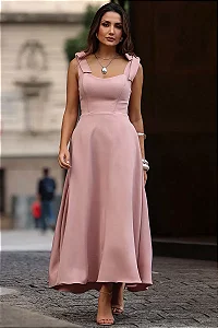 VESTIDO KÁTIA LONGUETE COM ALÇA E LAÇOS  - ROSA
