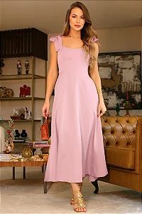 VESTIDO KÁTIA LONGUETE COM ALÇA E LAÇOS  - ROSA