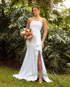 VESTIDO LONGO ACETINADO MARY NOIVINHAS - OFF WHITE