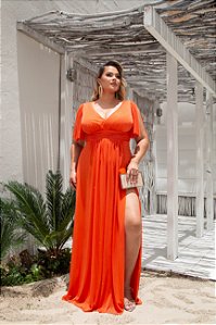 VESTIDO DE FESTA GARDÊNIA DECOTE V LUREX CRISTAL - LARANJA