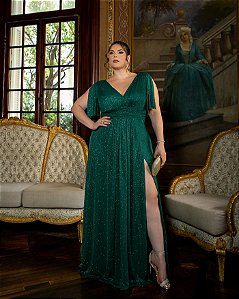VESTIDO DE FESTA GARDÊNIA DECOTE V LUREX CRISTAL - VERDE ESMERALDA