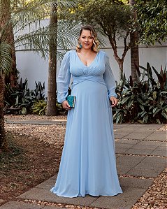 VESTIDO DE FESTA PAOLA MANGA LONGA DETALHE BUSTO - AZUL SERENITY