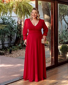 VESTIDO DE FESTA PAOLA MANGA LONGA DETALHE BUSTO - VERMELHO