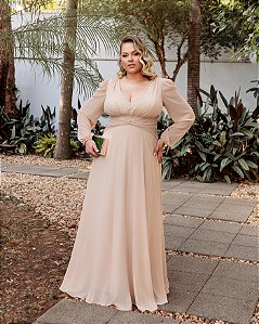 VESTIDO DE FESTA PAOLA MANGA LONGA DETALHE BUSTO - BEGE