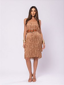 VESTIDO COURO FRANJA BOHO - BEGE