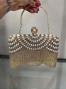 BOLSA GRÉCIA PÉROLAS E STRASS DETALHE FRANJA - DOURADA
