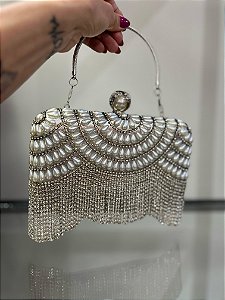 BOLSA GRÉCIA PÉROLAS E STRASS DETALHE FRANJA - PRATA