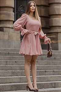 VESTIDO FRANCIELE CREPE MANGA LONGA COM ZÍPER - ROSÉ