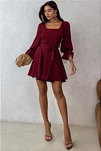 VESTIDO FRANCIELE CREPE MANGA LONGA COM ZÍPER - VINHO