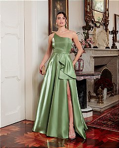 VESTIDO DE FESTA MADRID ZIBELINE GLOW FENDA - VERDE OLIVA