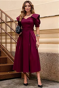 VESTIDO MIDI KAREN COM GOLA E FAIXA - VINHO