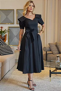 VESTIDO MIDI KAREN COM GOLA E FAIXA - PRETO