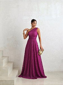 VESTIDO DE FESTA HELENA LONGO RENDA - FÚCSIA