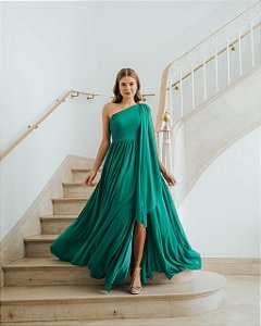 VESTIDO DE FESTA CECILIA UM OMBRO CHIFFON - VERDE