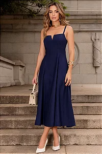 VESTIDO CAROL DECOTE V COM ALÇAS - AZUL MARINHO