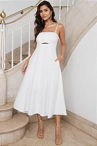 VESTIDO MIDI AMANDA DETALHE VAZADO COM BOLSOS - OFF WHITE