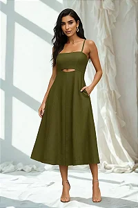 VESTIDO MIDI AMANDA DETALHE VAZADO COM BOLSOS - VERDE