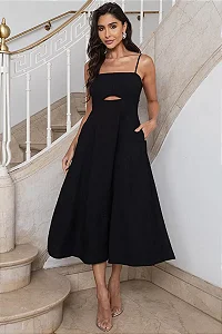 VESTIDO MIDI AMANDA DETALHE VAZADO COM BOLSOS - PRETO