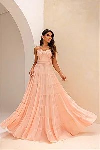 VESTIDO BEAUTIFUL LONGO LAÇO FRANZIDO - ROSA CLARO