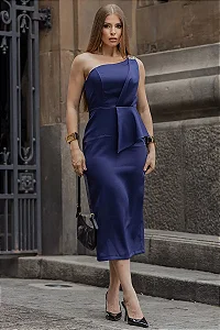 VESTIDO MIDI DÉBORA UM OMBRO FIVELA - AZUL MARINHO