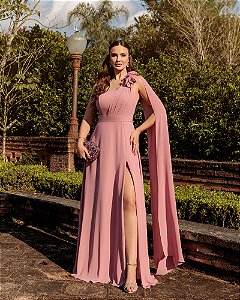 VESTIDO DE FESTA RANCHCORE MANGA AMPLA OMBRO - ROSA CANELA