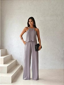 CONJUNTO LÚCIA BLUSA TRANSPASSADA RISCA DE GIZ - CINZA