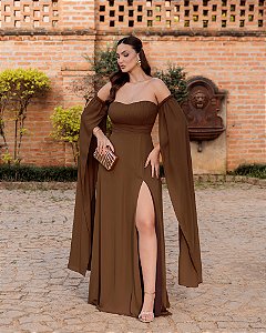 VESTIDO DE FESTA RANCHCORE MANGA CIGANINHA - MARROM