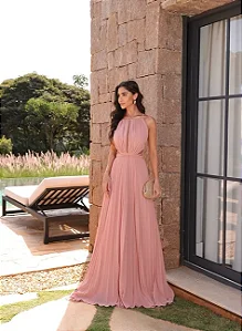 VESTIDO LONGO SAIA PLISSADA - ROSÊ