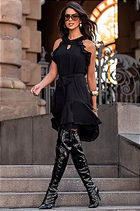 VESTIDO BERENICE CURTO CREPE COM BABADO - PRETO