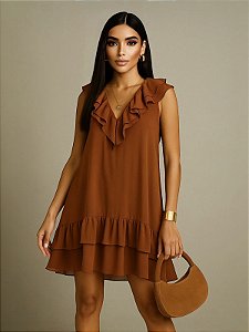 VESTIDO DECOTE V BABADO BOSS SOUL - BROWN