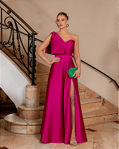 VESTIDO DE FESTA ADELE LAÇO ZIBELINE - FÚCSIA