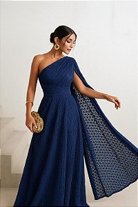 VESTIDO DE FESTA HELENA LONGO RENDA - AZUL MARINHO