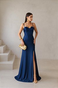 VESTIDO DE FESTA VERÕNICA CREPE ACETINADO - AZUL MARINHO